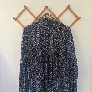 Express Men's Navy Floral Button-Down Shirt with Red and Light Blue Accents